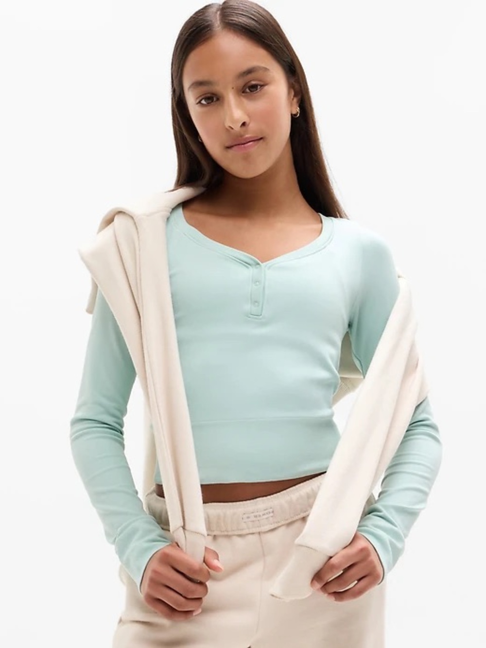 Athleta Girl Cropped Henley Long-Sleeve Top — Mint Green